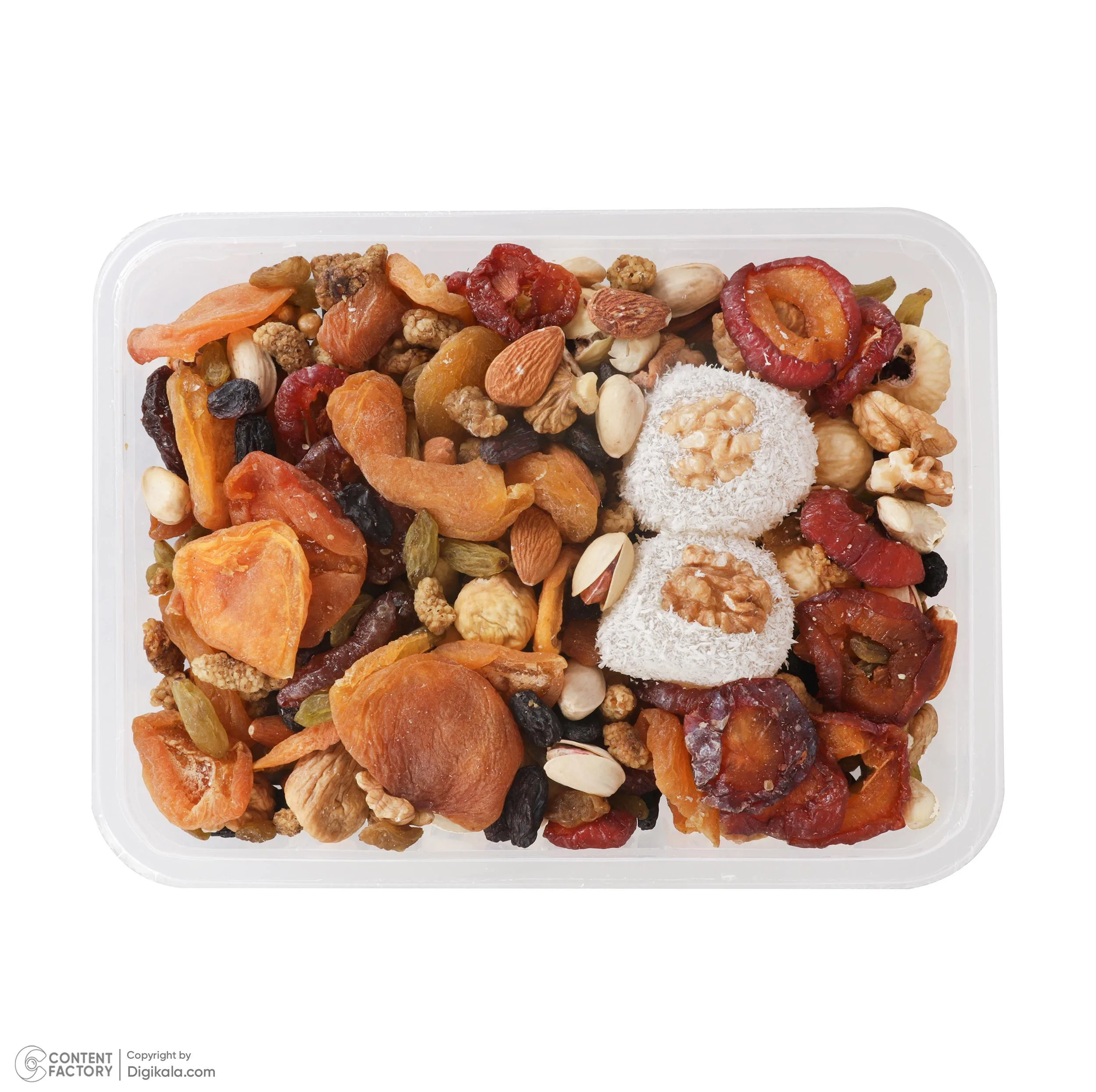 آجیل مخلوط شب یلدا اکبر راستگو - 700 گرم به همراه میوه خشک اکبر راستگو - 250 گرم و زردآلو خشک اکبر راستگو - 500 گرم