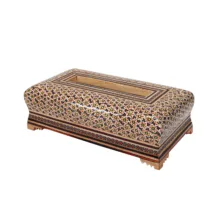 جعبه دستمال کاغذی خاتم کاری چوبی صنایع دستی فاخر مدل مدیال کد MQ12wire