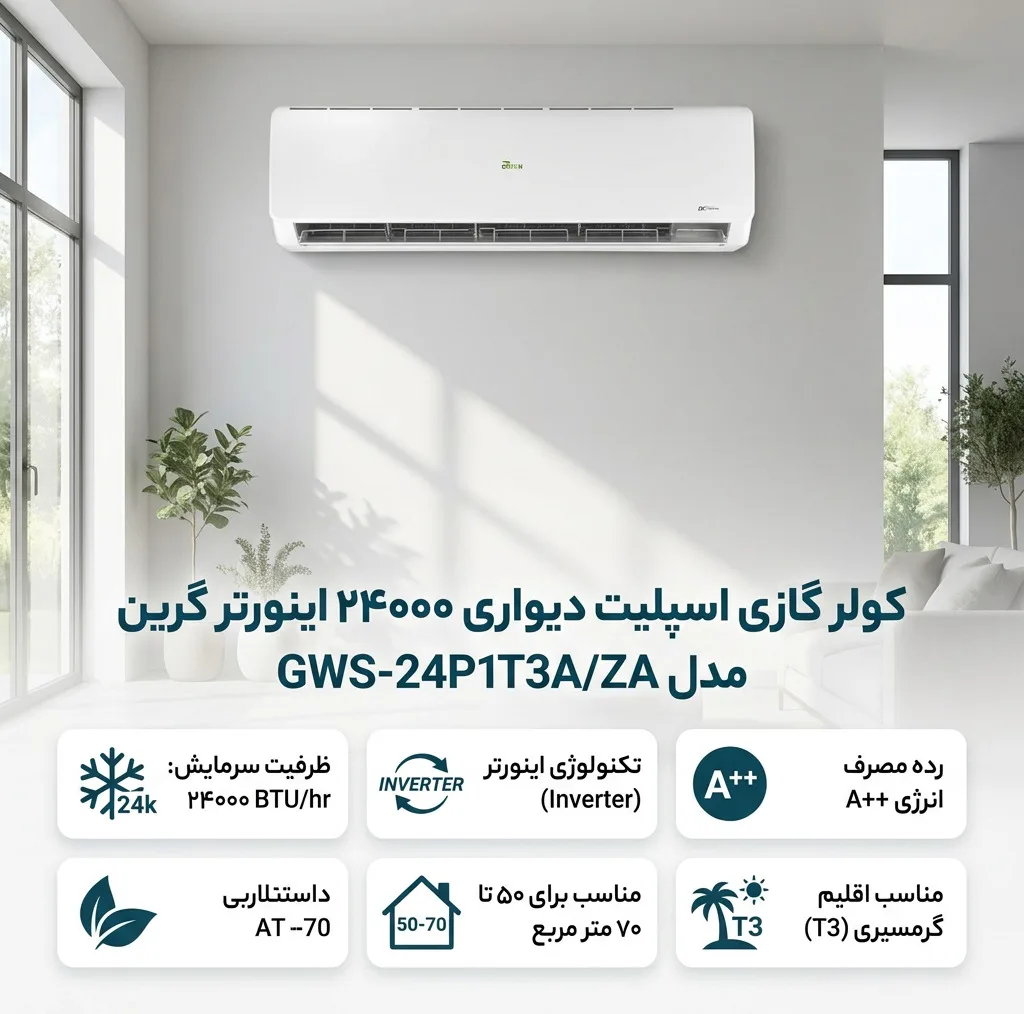 کولر گازی اسپلیت دیواری 24000 اینورتر گرین مدل GWS-24P1T3A/ZA