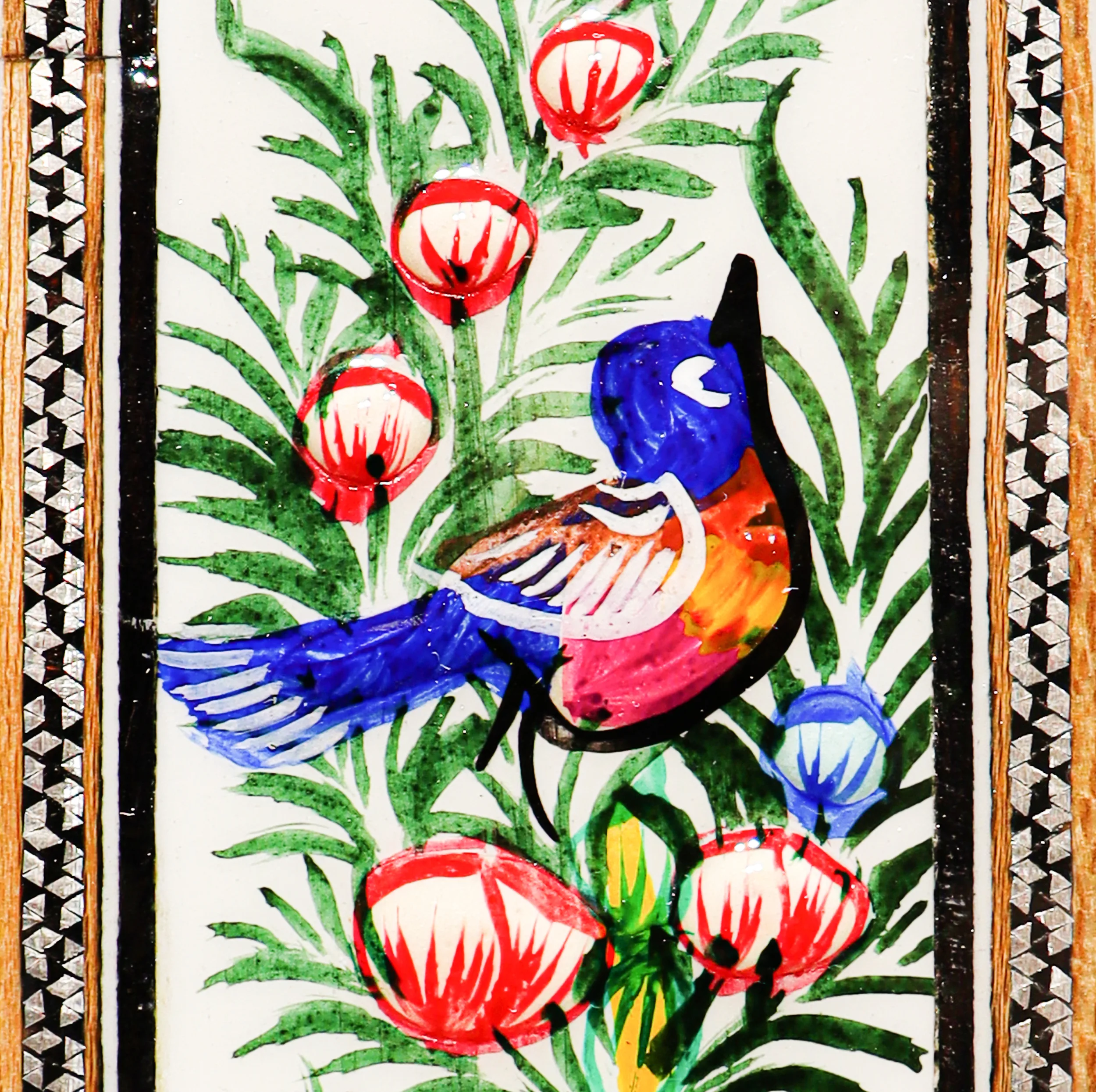 آینه خاتم کاری صنایع دستی فاخر مدل مینیاتوری طرح نقاشی گل و مرغ برجسته کد GrBl40p34in3024-5f6