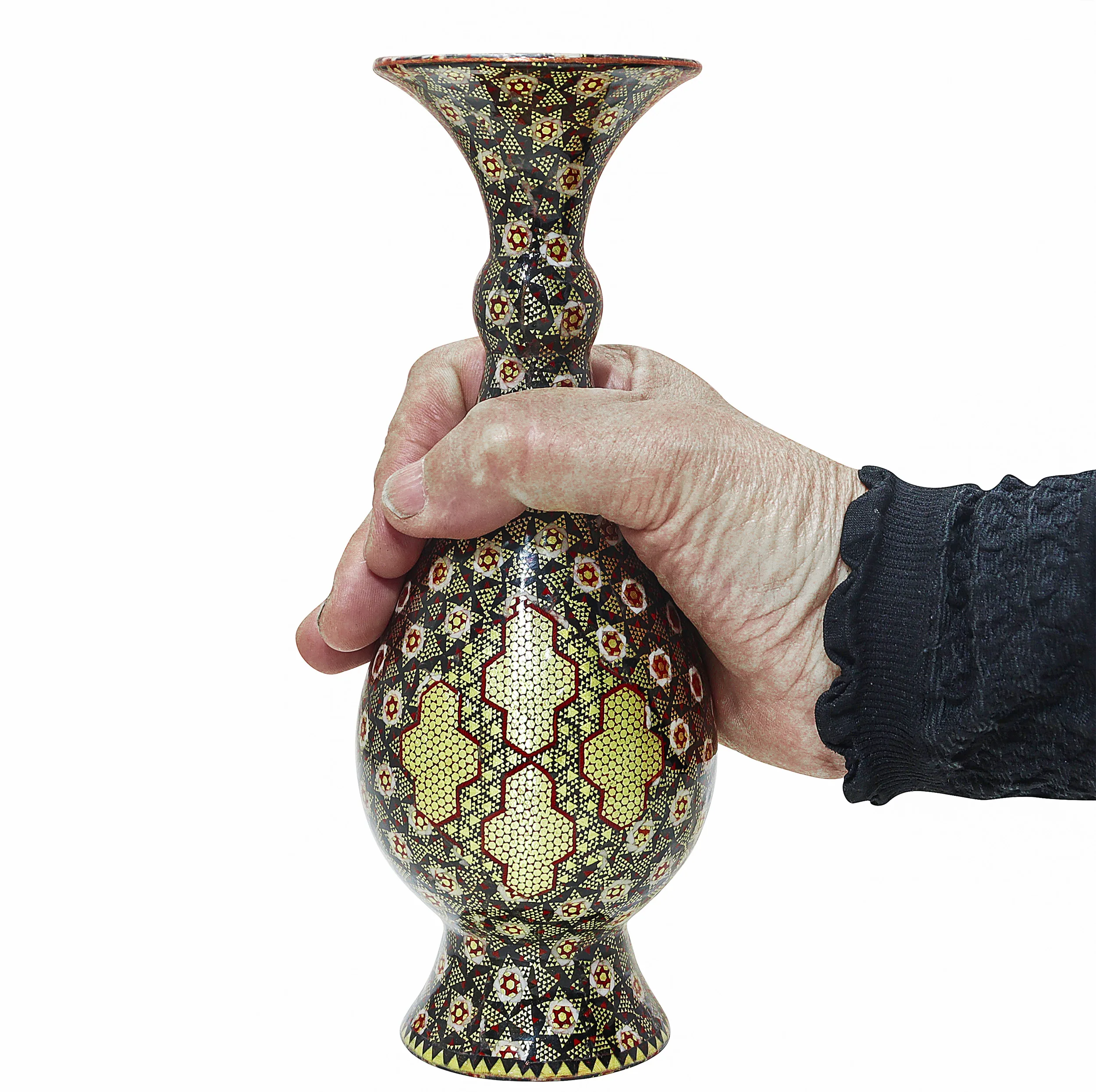 گلدان خاتم کاری مسی صنایع دستی فاخر مدل صراحی تمام خاتم طرح پرسیم کد MQDark-Vase21p7 بسته 2 عددی
