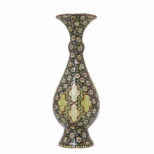 گلدان خاتم کاری مسی صنایع دستی فاخر مدل صراحی تمام خاتم طرح پرسیم کد MQDark-Vase21p7 بسته 2 عددی