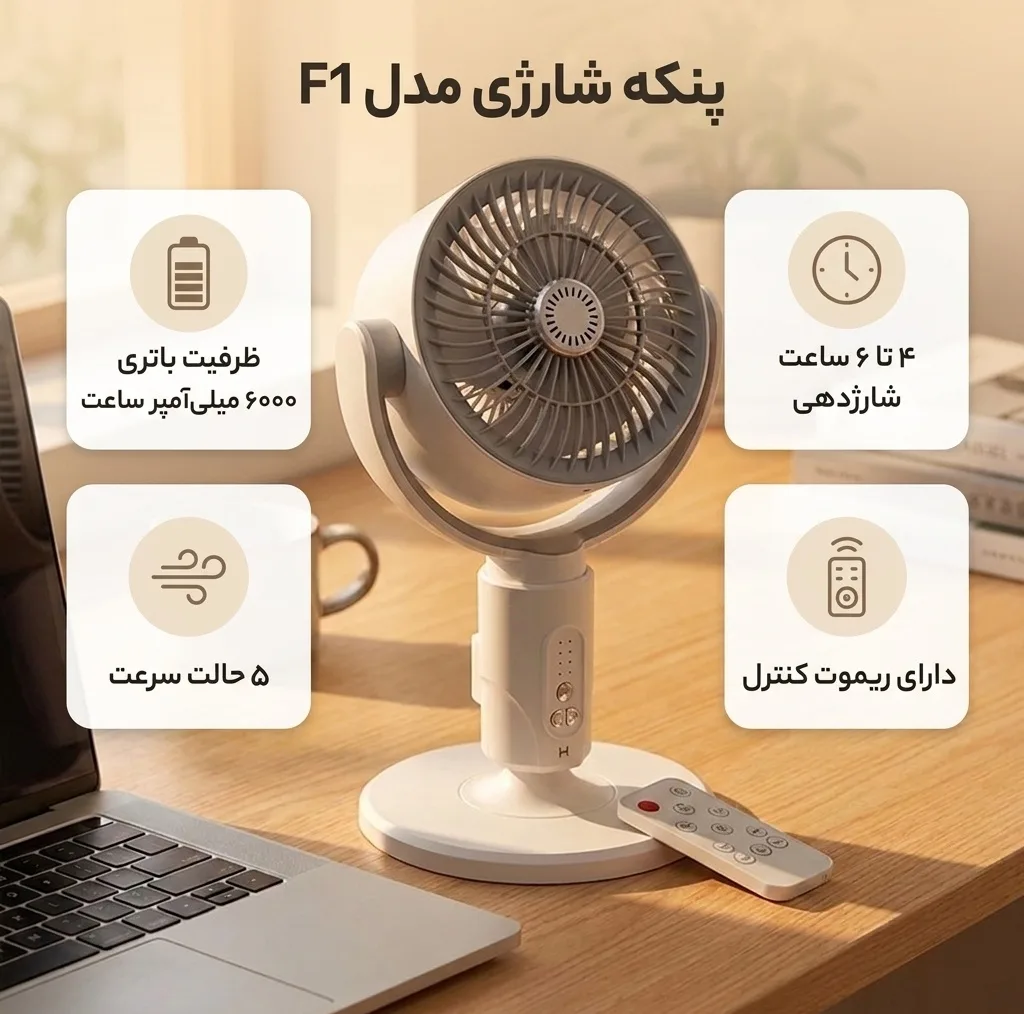 پنکه شارژی مدل F1 ظرفیت 6000 میلی آمپر