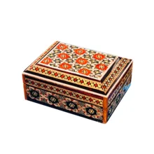 جا سکه ای خاتم کاری چوبی صنایع دستی فاخر مدل درب دار ممتاز طرح خورشیدی کد HQRdRect7p5