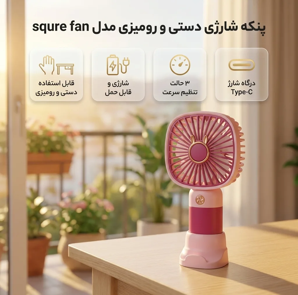 پنکه رومیزی شارژی مدل همراه 3 حالته پایه دار کد Square Mini Cooling Fan