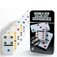 بازی فکری ناب سل مدل دومینو 28 عددی نقطه رنگی نشکن همراه با قاب فلزی کد DOUBLE SIX COLOR DOT DOMINOES NAAB001