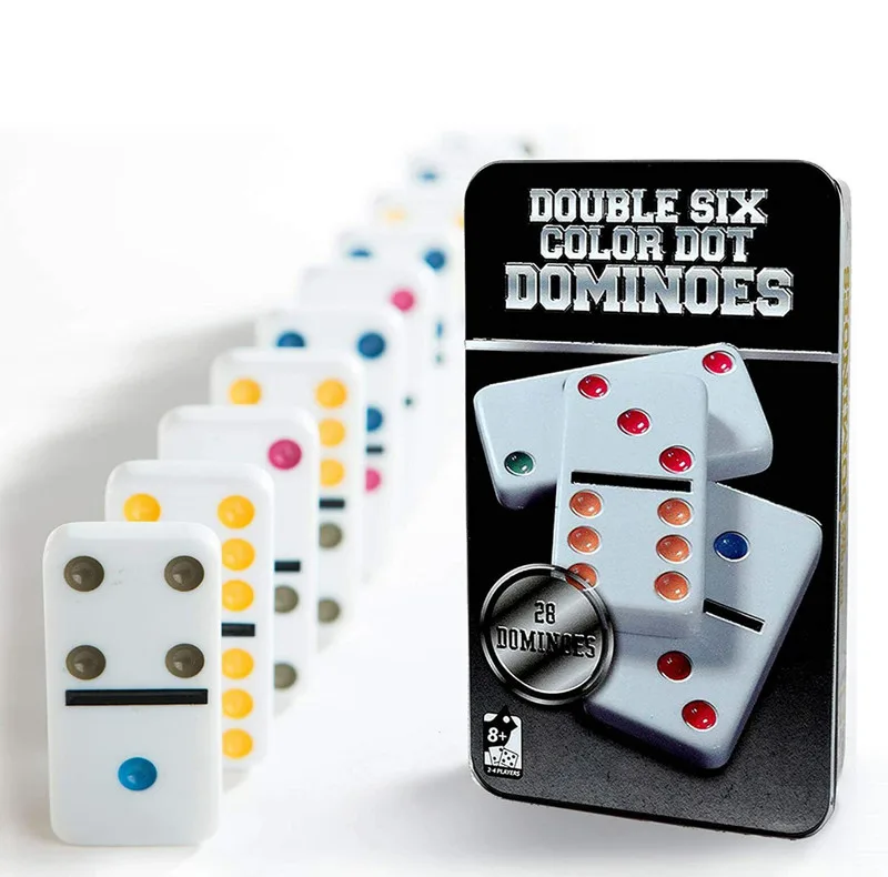 بازی فکری ناب سل مدل دومینو 28 عددی نقطه رنگی نشکن همراه با قاب فلزی کد DOUBLE SIX COLOR DOT DOMINOES NAAB001
