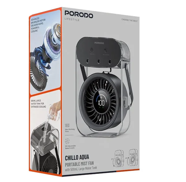 پنکه‌ شارژی رومیزی پرودو مدل PDLFSTZH26BK Aqua ظرفیت 4000 میلی آمپر ساعت
