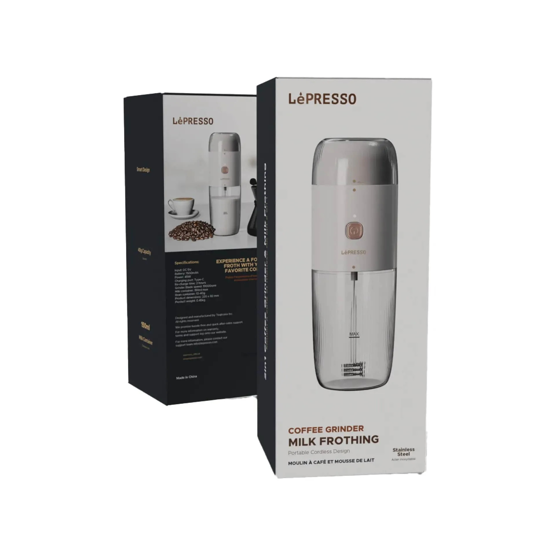قهوه ساز لپرسو مدل دستگاه دو کاره فوم ساز شیر و آسیاب قهوه لپرسو مدل LePresso LPMFGRWH 2IN1 Portable Milk Frother
