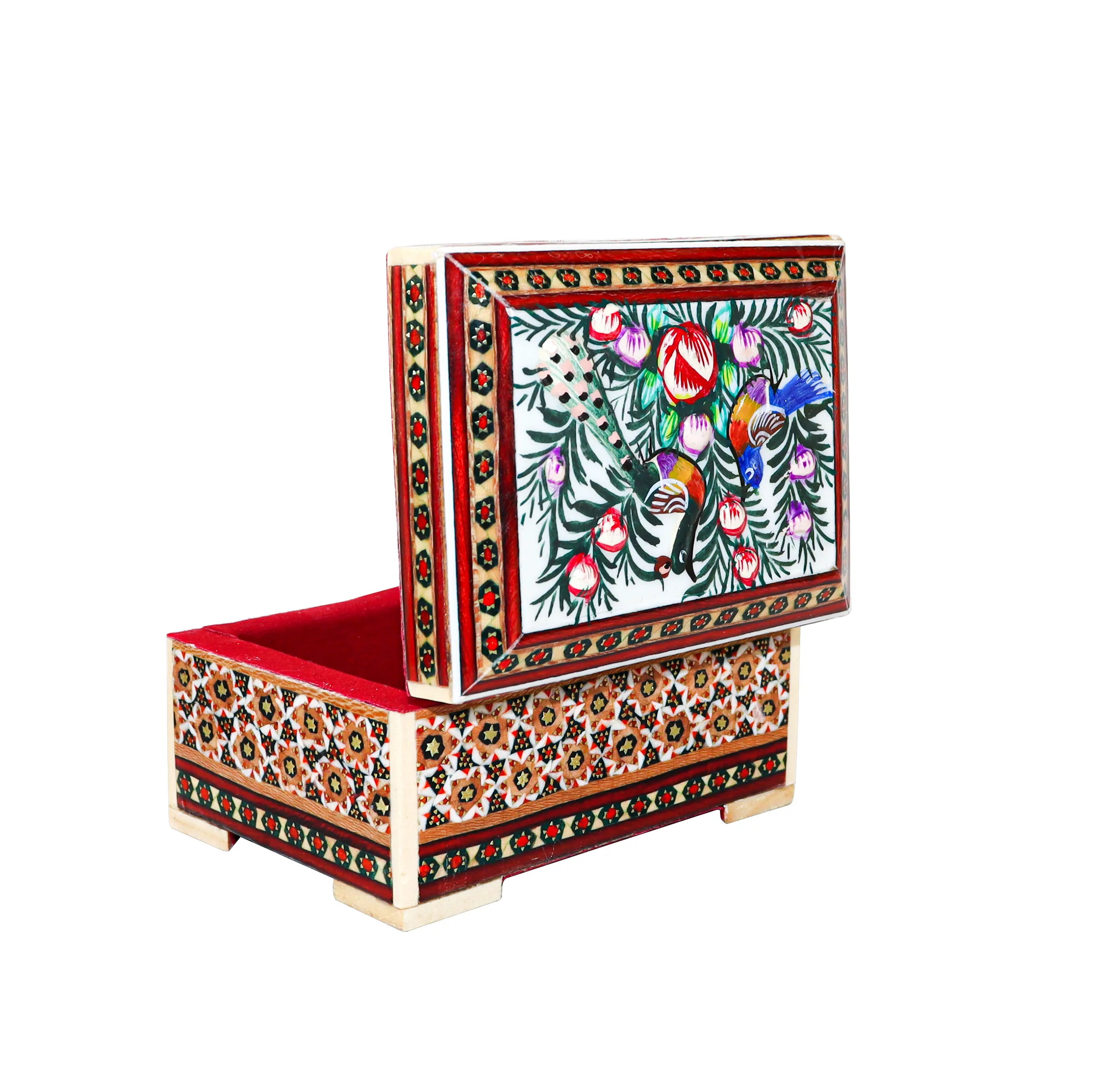 جعبه جواهرات خاتم کاری مدل مینیاتور برجسته طرح گل و مرغ کد MQ1186Gr