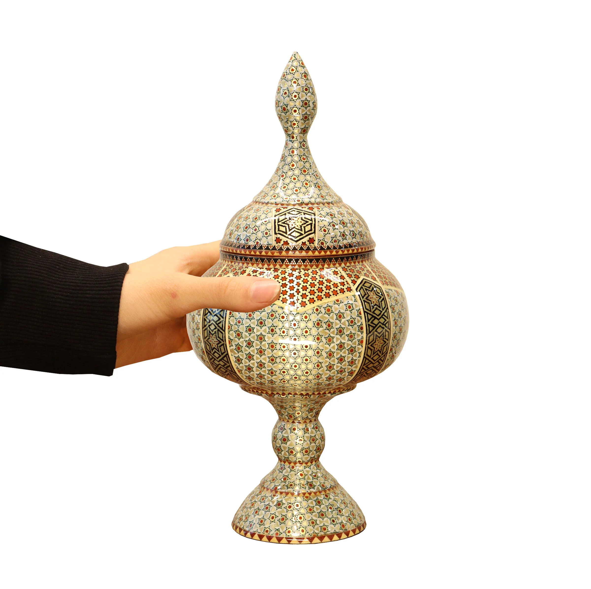 ست 3 تکه شکلات خوری و گلدان خاتم کاری مسی صنایع دستی فاخر مدل تمام خاتم طرح نفیس کد HQ252925