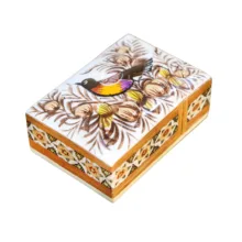 جا سکه ای خاتم کاری چوبی صنایع دستی فاخر مدل کشویی لبه گرد مینیاتور طرح گل و مرغ برجسته Br7p5