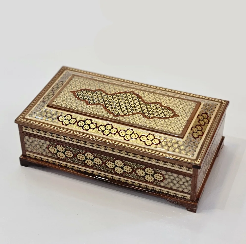 جعبه دستمال کاغذی خاتم کاری چوبی مدل کلبه ای لاله ای به همراه جعبه کارد و چنگال