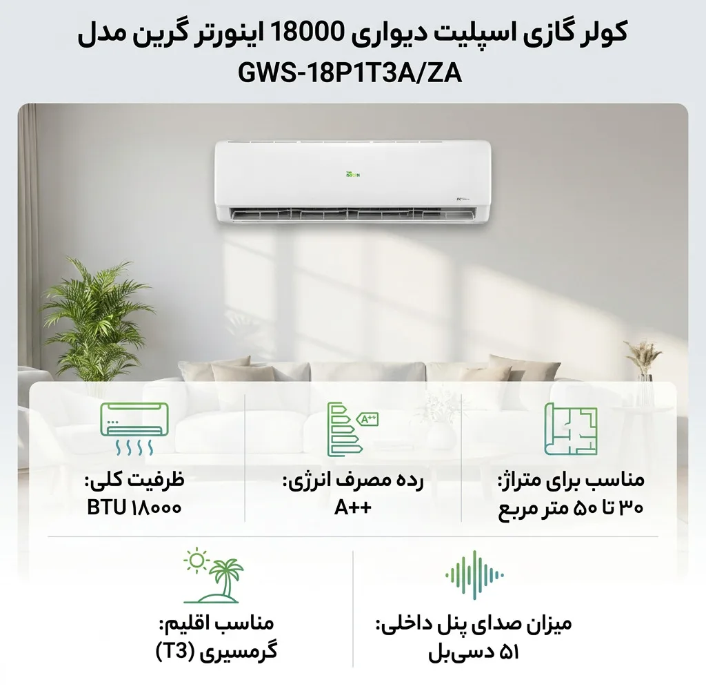 کولر گازی اسپلیت دیواری 18000 اینورتر گرین مدل GWS-18P1T3A/ZA