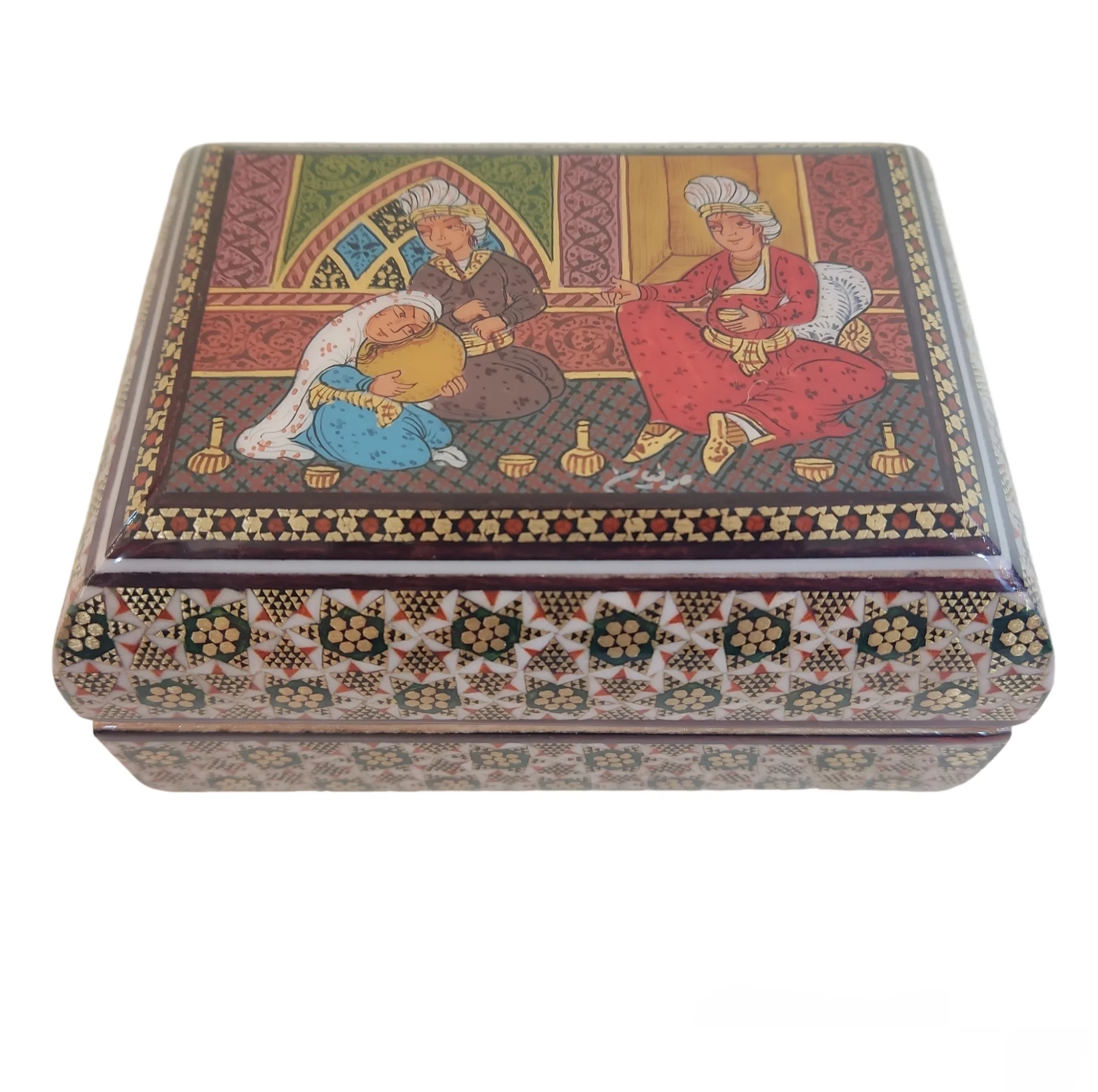 جعبه جواهرات خاتم کاری طرح مطرب و چنگ کد 01