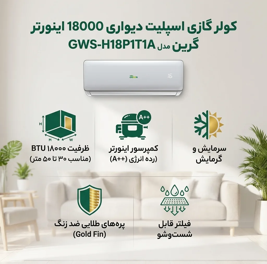 کولر گازی اسپلیت دیواری 18000 اینورتر گرین مدل GWS-H18P1T1A