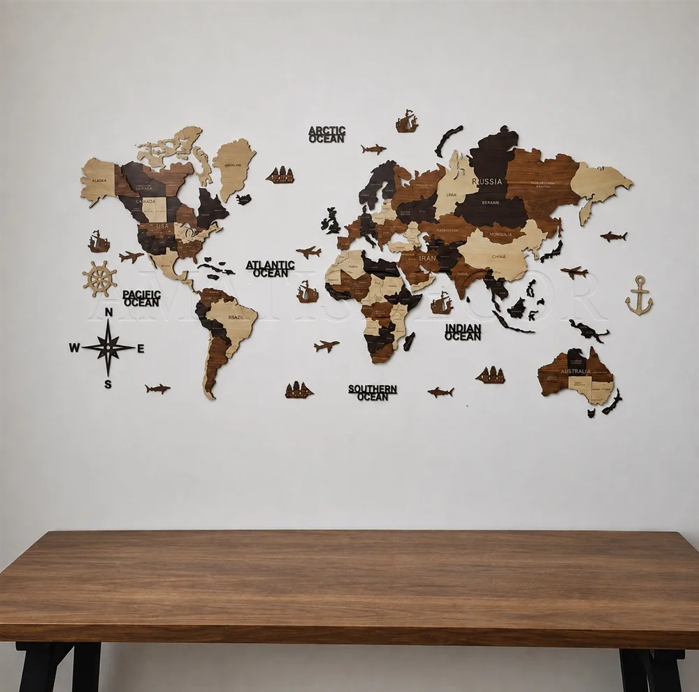 دیوارکوب آماتیس طرح نقشه چوبی جهان مدل 150CM