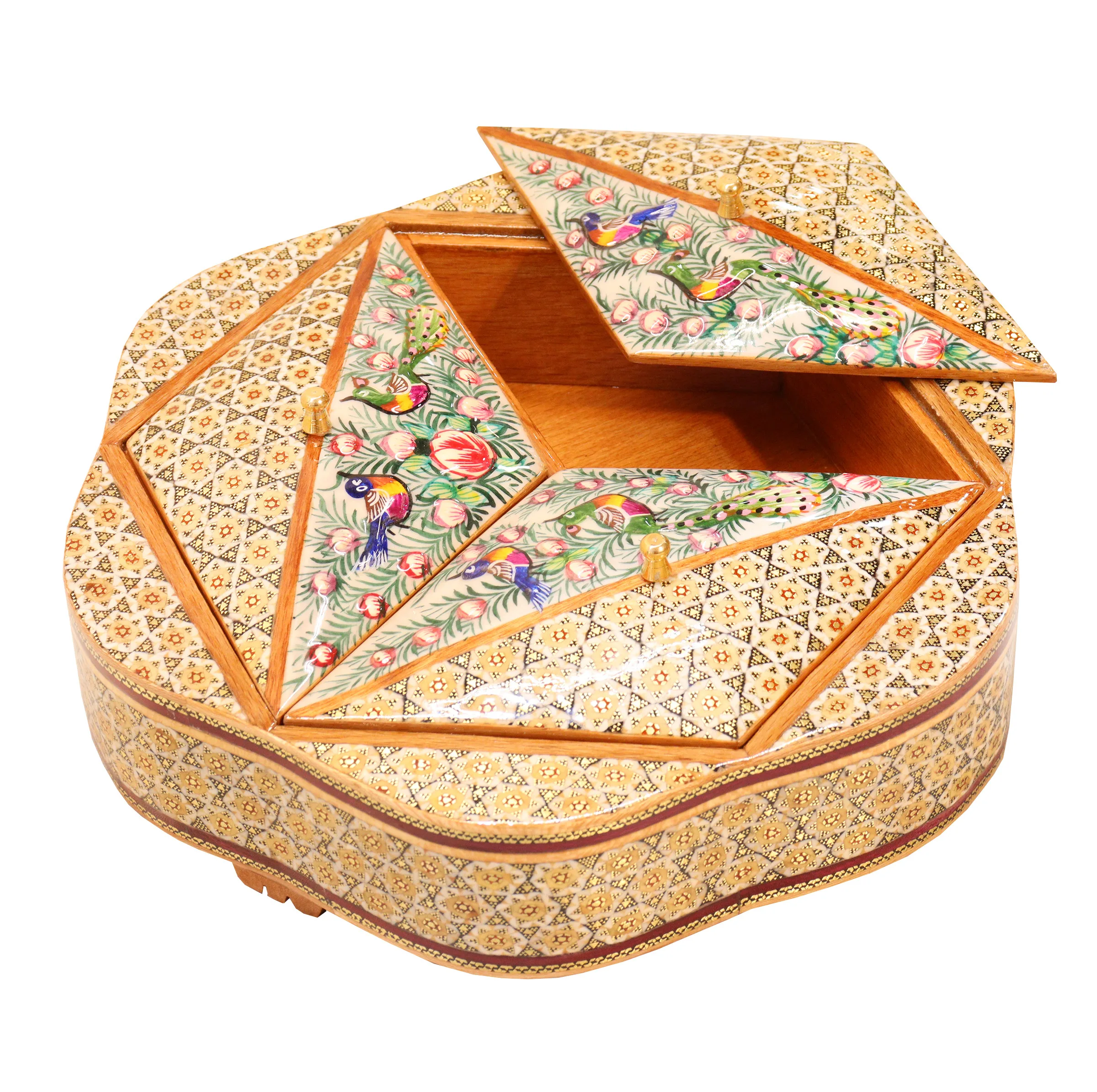 شکلات خوری خاتم کاری صنایع دستی فاخر مدل ممتاز 3 درب طرح گل و مرغ برجسته کد Gr3d26