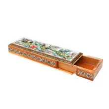 قلمدان خاتم کاری چوبی صنایع دستی فاخر مدل کشویی طرح گل و مرغ برجسته کد Gr2073