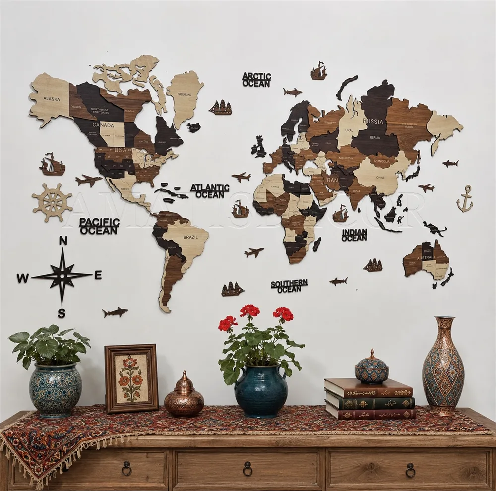 دیوارکوب آماتیس طرح نقشه چوبی جهان مدل 150CM