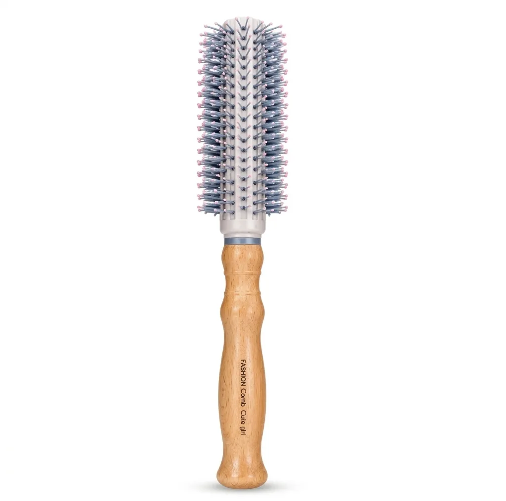 برس گرد مو مدل کمب طرح دسته چوبی وزن 85 گرم مناسب موهای رنگ شده با دندانه پلاستیکی
