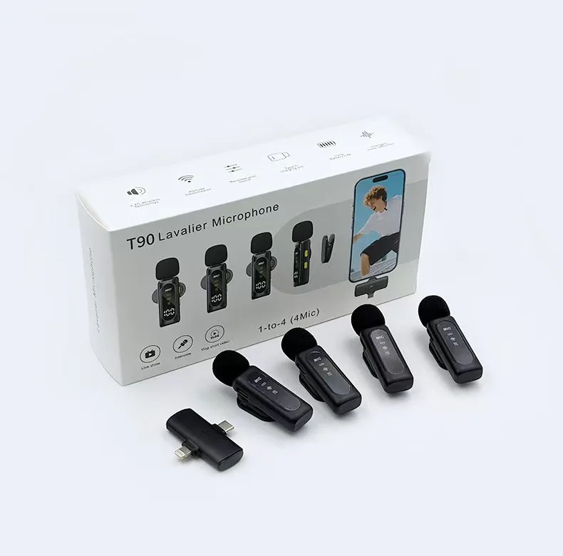 میکروفون حرفه‌ای بی‌سیم مدل T90 4MIC با درگاه تایپ سی و لایتنینگ و 4 میکروفون