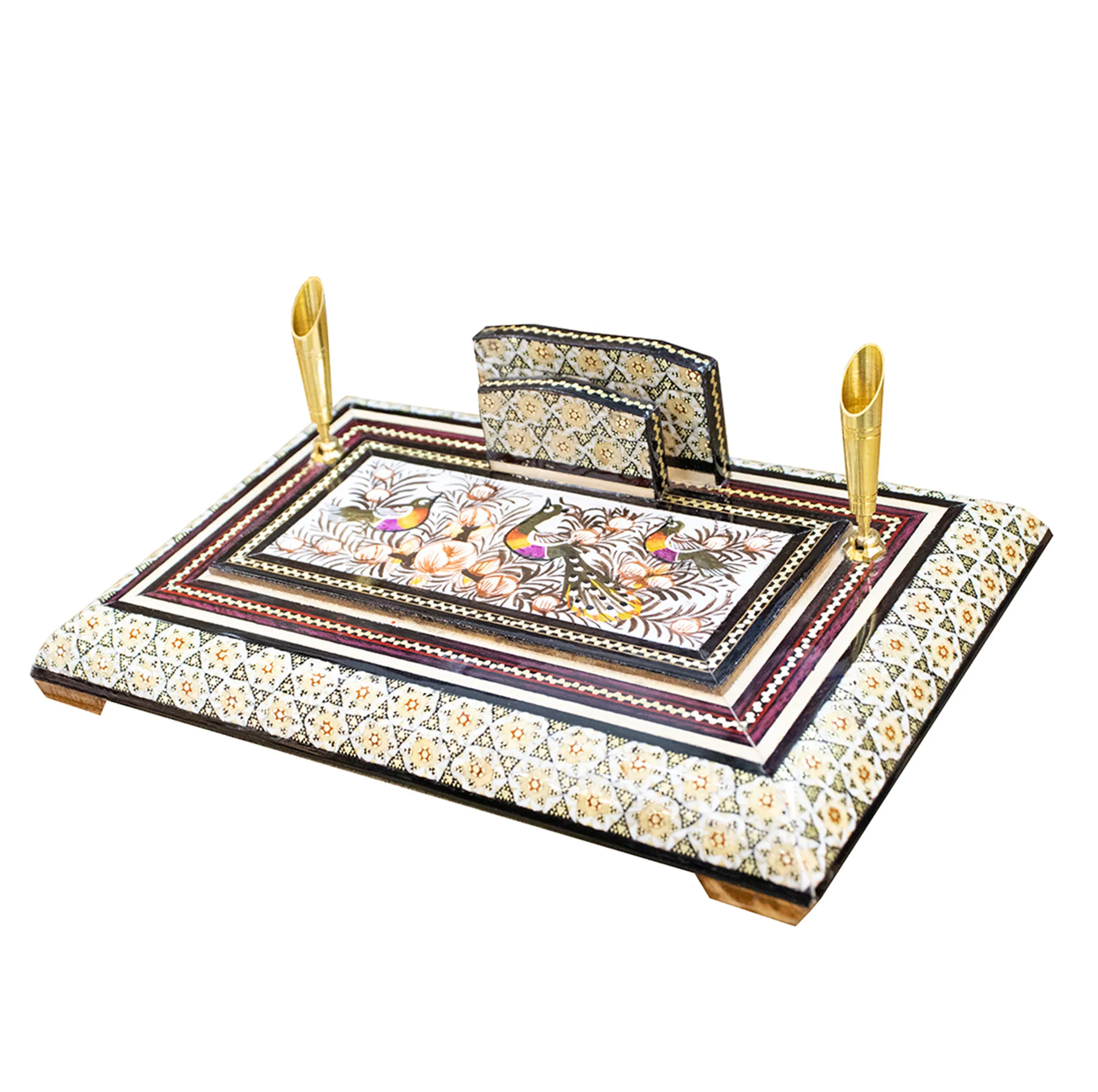 قلمدان خاتم کاری چوبی صنایع دستی فاخر مدل اداری طرح گل و مرغ برجسته کد Br24p16-3f4