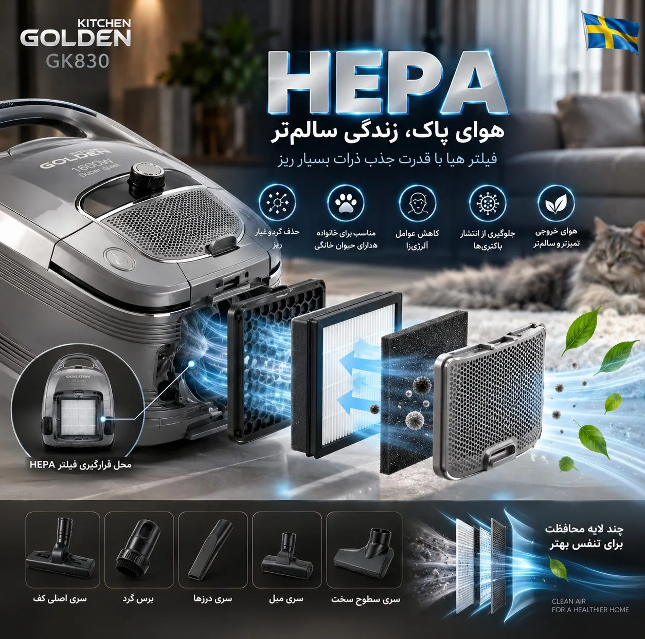 جاروبرقی 1600 وات گلدن کیچن مدل GK830