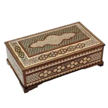 جعبه دستمال کاغذی خاتم کاری چوبی مدل کلبه ای لاله ای به همراه جعبه کارد و چنگال