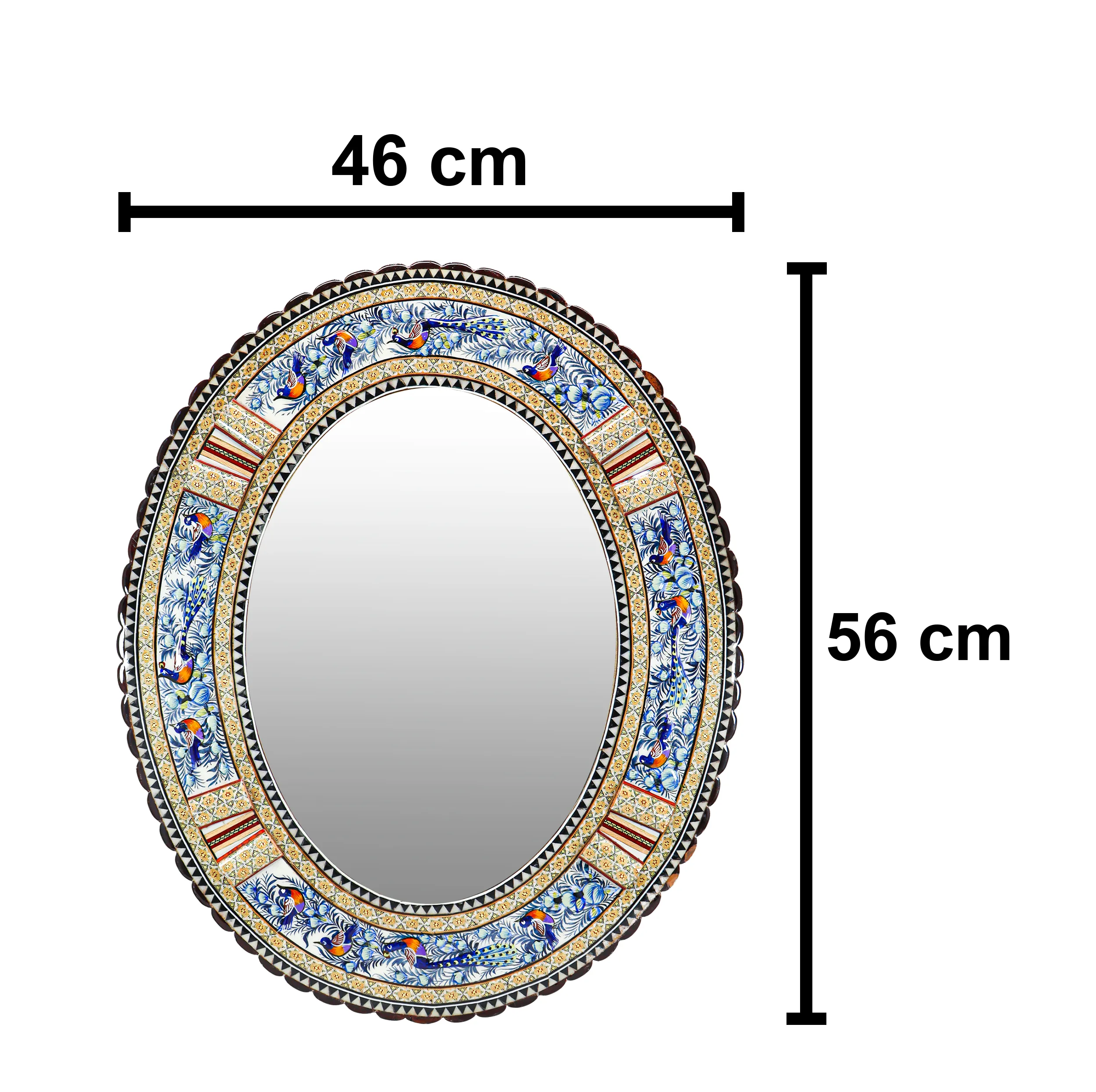آینه خاتم کاری چوبی صنایع دستی فاخر مدل الیپس طرح گل و مرغ برجسته کد 56p46-2f4Bl