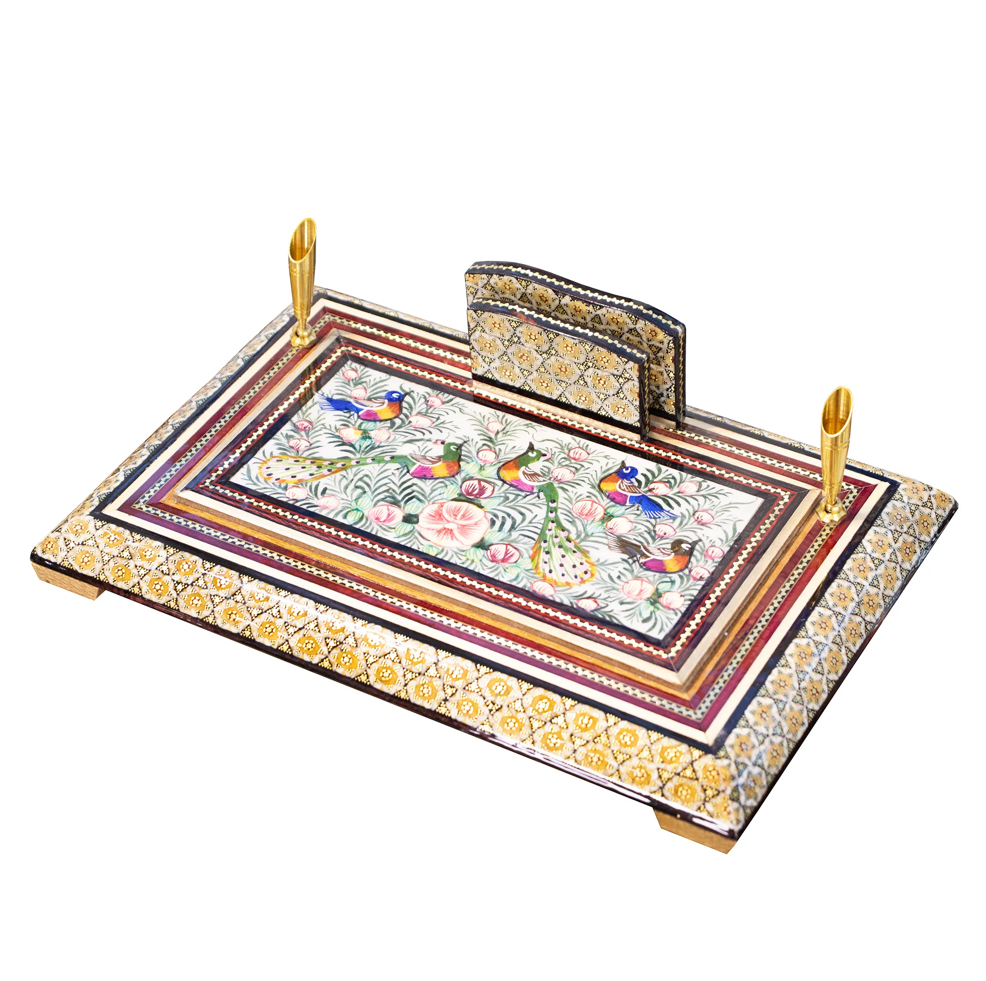 قلمدان خاتم کاری چوبی صنایع دستی فاخر مدل اداری طرح گل و مرغ برجسته کد Gr30p20-4f4