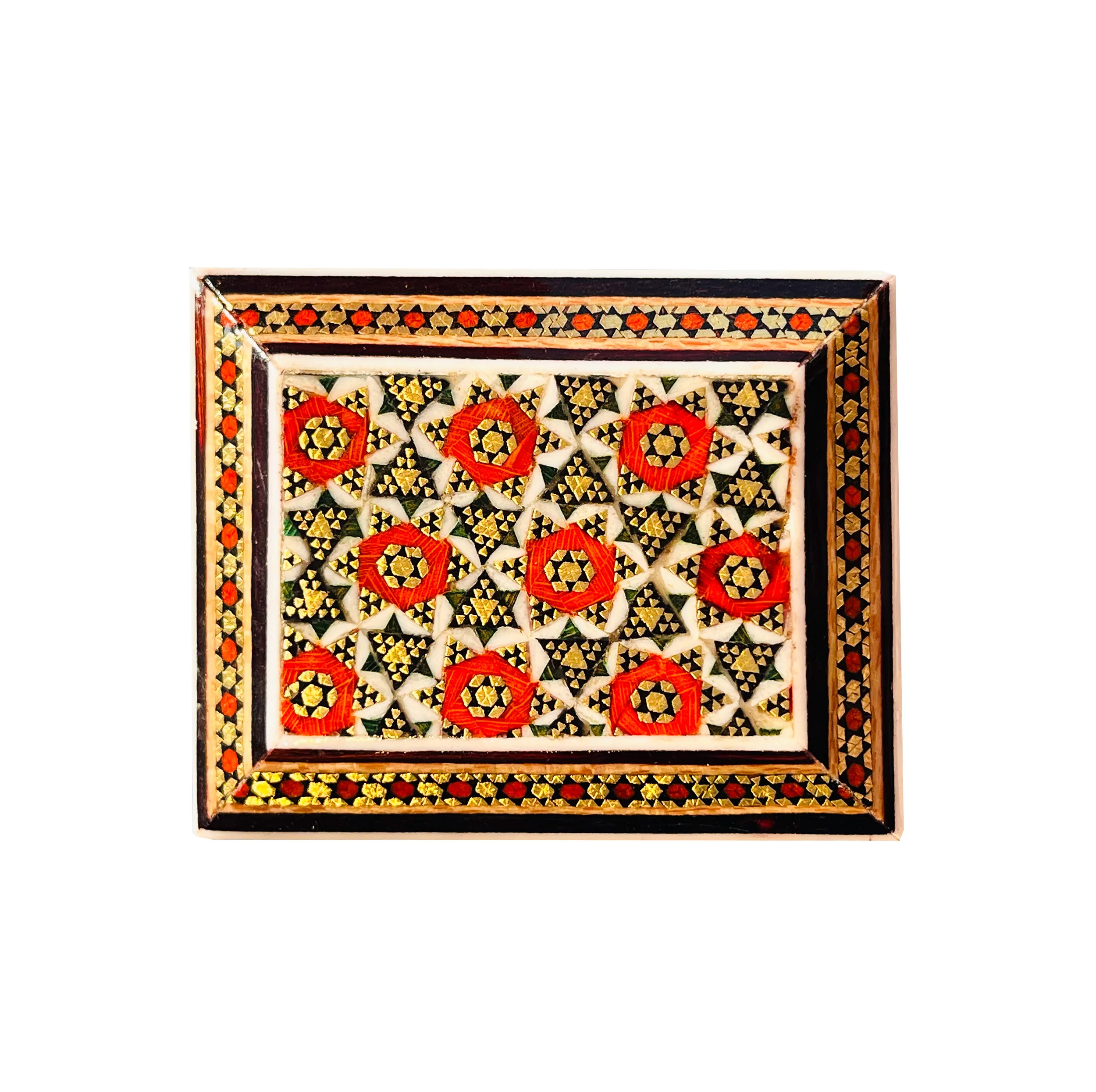 جا سکه ای خاتم کاری چوبی صنایع دستی فاخر مدل درب دار ممتاز طرح خورشیدی کد HQRdRect7p5