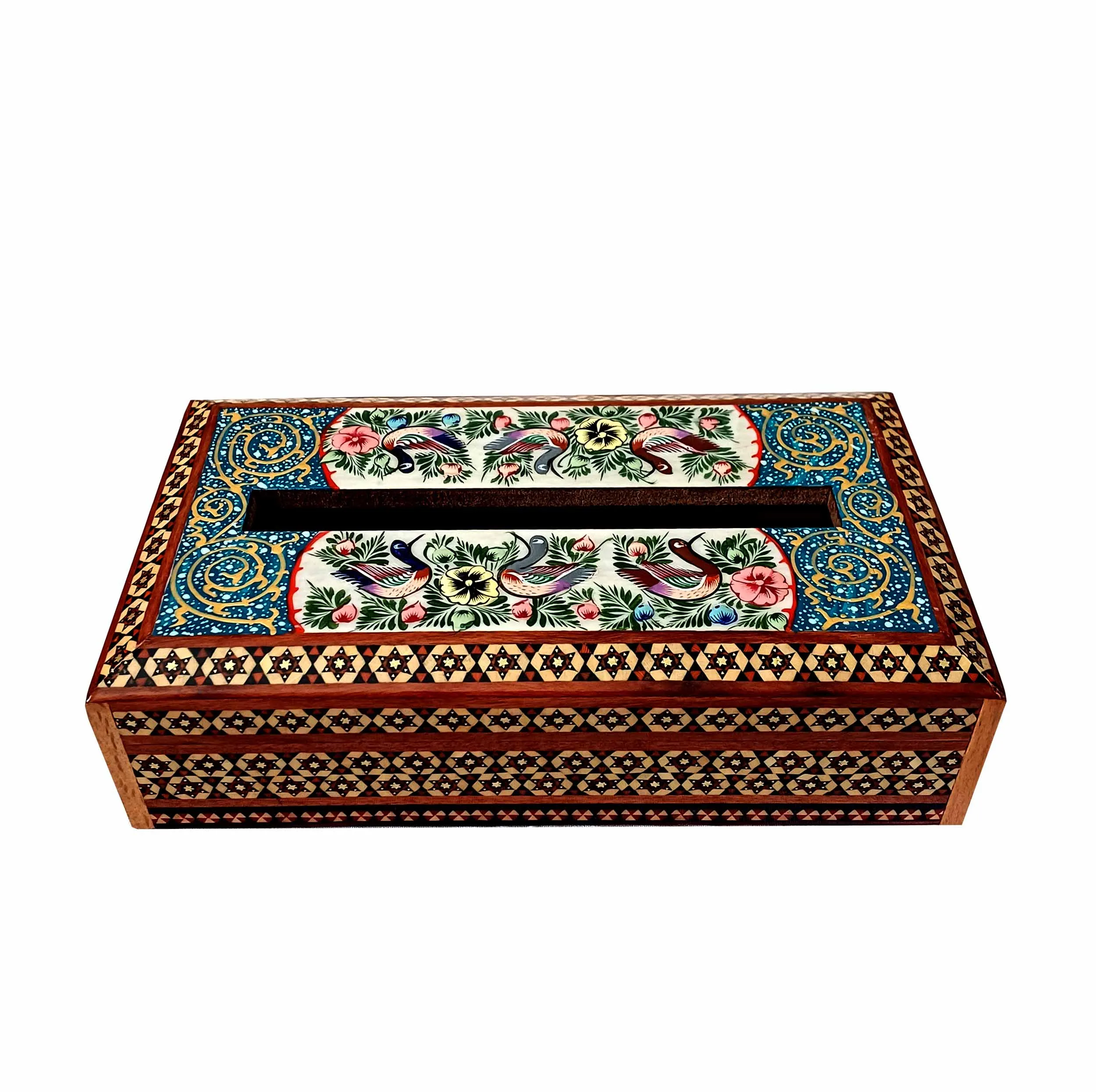 جعبه دستمال کاغذی خاتم کاری چوبی طرح گل و مرغ مدل شیدا کد S3P
