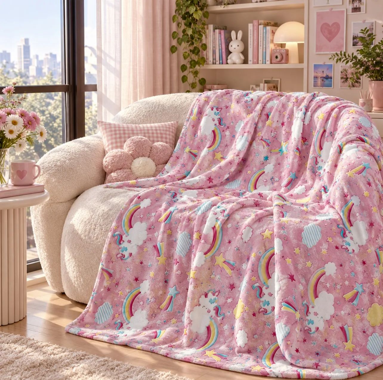 پتو مسافرتی 1 نفره مدل شب نما طرح یونیکورن و رنگین کمان سایز 160×220 سانتی متر