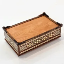 جعبه دستمال کاغذی خاتم کاری چوبی مدل کلبه ای لاله ای
