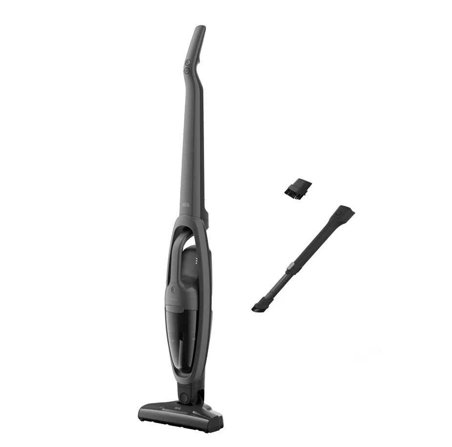 جارو شارژی عصایی آ ا گ مدل AS52CB با عملکرد 2 در 1 دستی و ایستاده، باتری لیتیوم-یونی 2800 میلیآمپرساعت، کارکرد تا 45 دقیقه، مخزن 0.3 لیتری، فیلتر قابل شستوشو و چراغ LED
