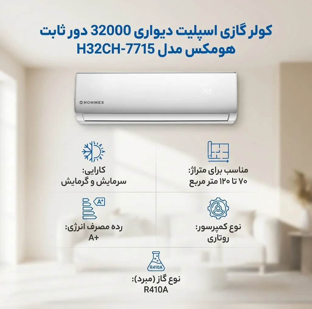کولر گازی اسپلیت دیواری 32000 دور ثابت هومکس مدل H32CH-7715