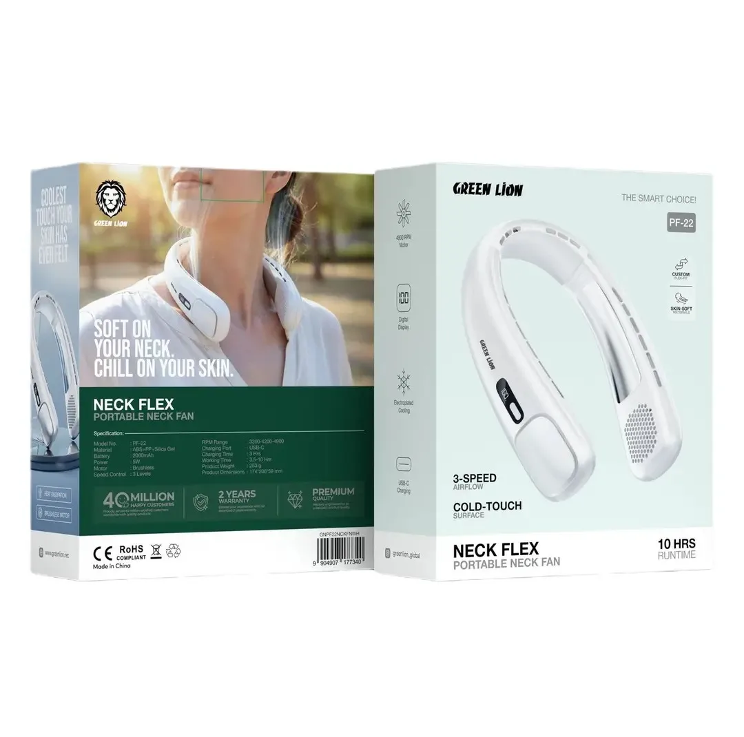 پنکه گردنی گرین لاین مدل Green Lion Neck Flex Portable Neck Fan ظرفیت 2000 میلی آمپر ساعت