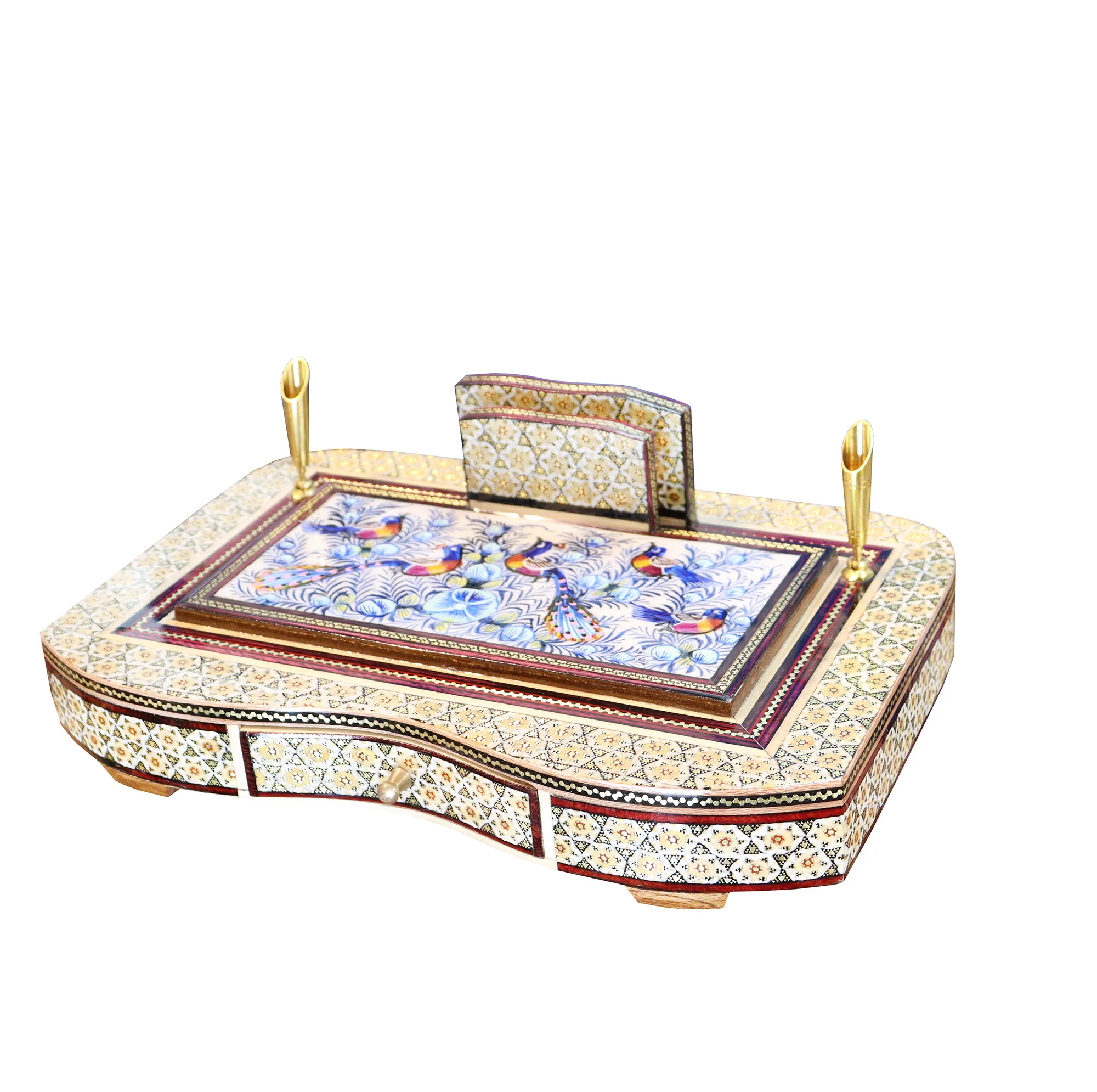 قلمدان خاتم کاری چوبی صنایع دستی فاخر مدل مدیریتی طرح گل و مرغ برجسته کد Bl30p20-2f2