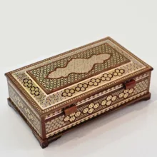جعبه دستمال کاغذی خاتم کاری چوبی مدل کلبه ای لاله ای به همراه جعبه کارد و چنگال