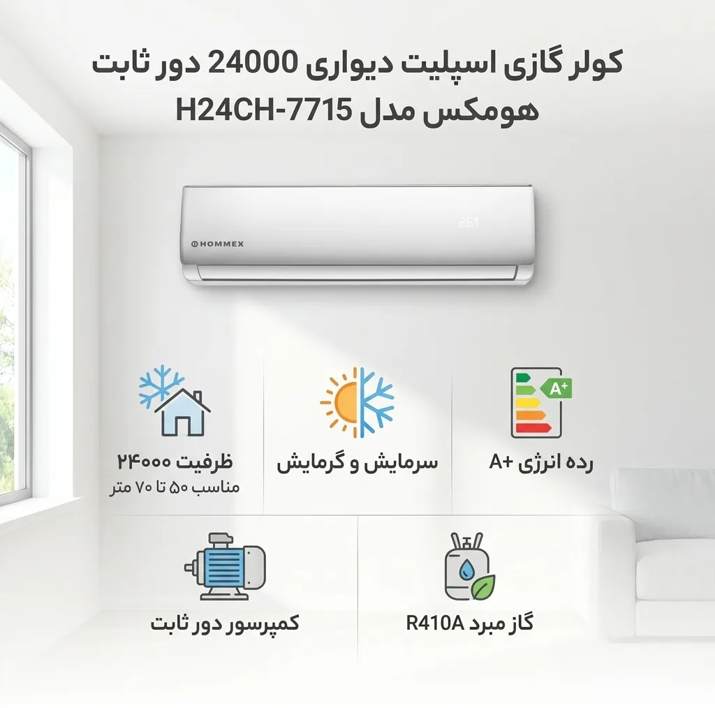 کولر گازی اسپلیت دیواری 24000 دور ثابت هومکس مدل H24CH-7715