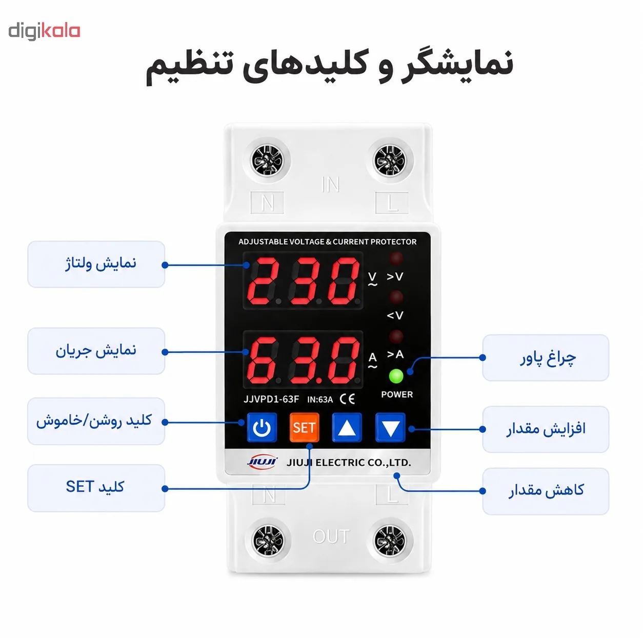 محافظ ولتاژ تکفاز 63 آمپر جیوجی مدل JIUJI_JJVPD1_63F