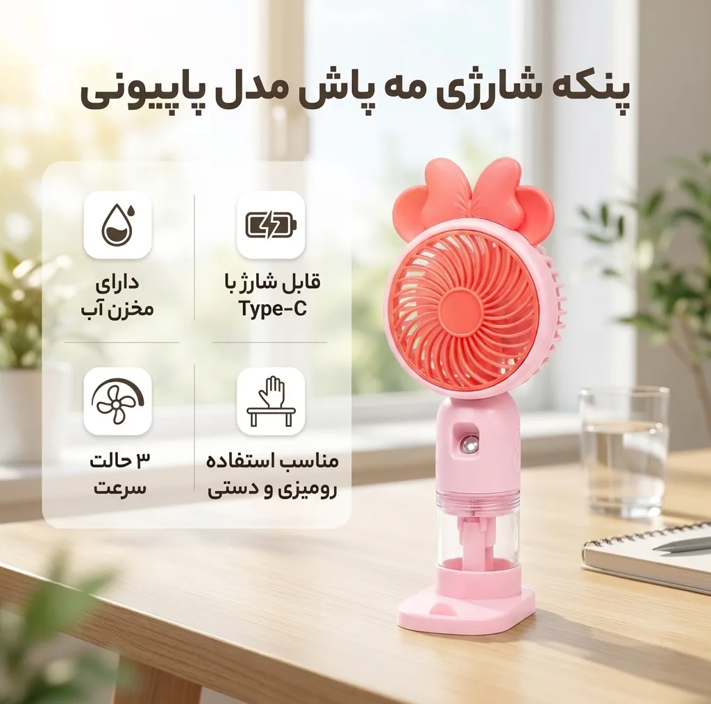 پنکه شارژی مه پاش طرح پاپیون فانتزی