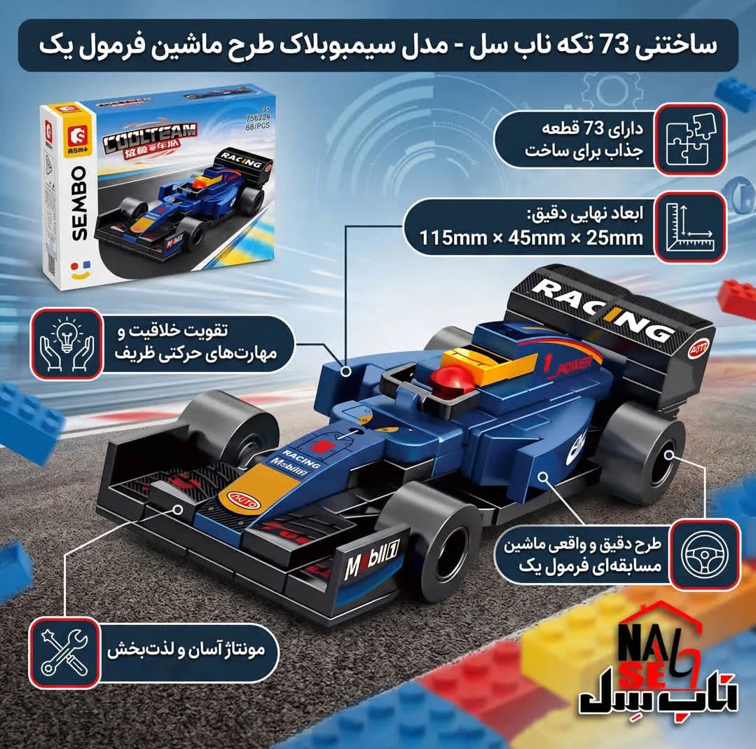 ساختنی 68 تکه ناب سل مدل سیمبوبلاک طرح ماشین مسابقه‌ای فرمول یک کد 68PCS COOLTEAM SEMBO BLOCK NO.714354