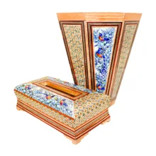ست جعبه دستمال کاغذی و سطل خاتم کاری چوبی صنایع دستی فاخر مدل ممتاز طرح گل و مرغ برجسته کد Bl2926