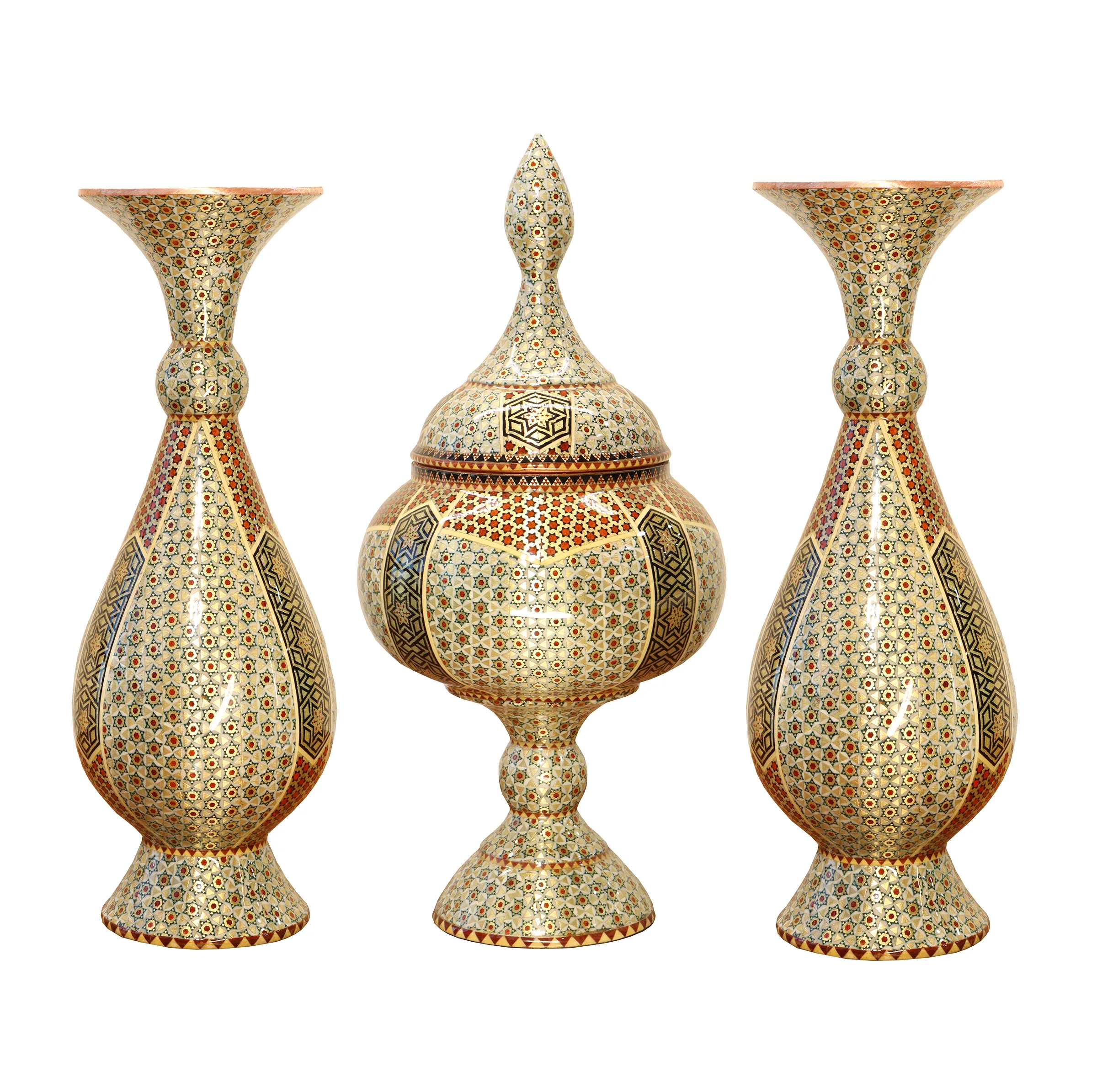 ست 3 تکه شکلات خوری و گلدان خاتم کاری مسی صنایع دستی فاخر مدل تمام خاتم طرح نفیس کد HQ252925