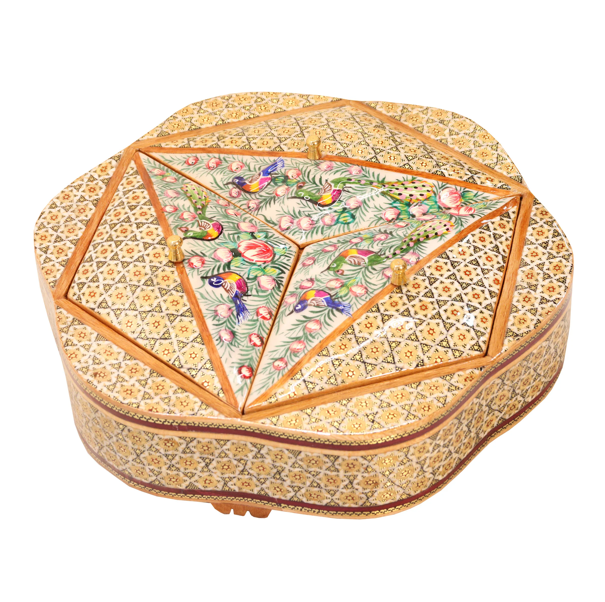 شکلات خوری خاتم کاری صنایع دستی فاخر مدل ممتاز 3 درب طرح گل و مرغ برجسته کد Gr3d26