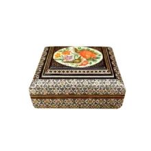 جعبه جواهرات خاتم کاری چوبی طرح گل و مرغ کد 04