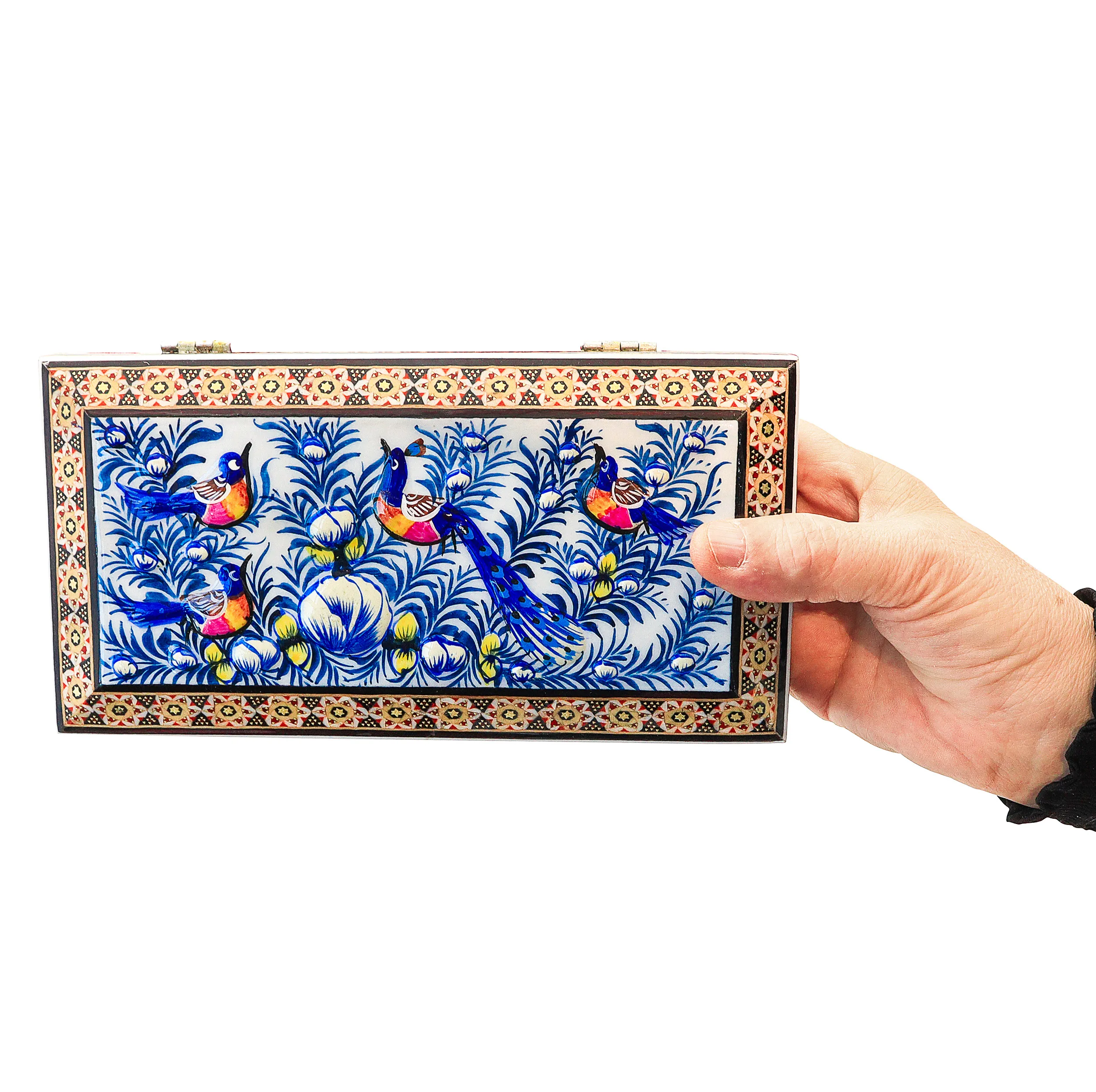 جعبه جواهرات خاتم کاری صنایع دستی فاخر طرح گل ومرغ برجسته کد Bl21115