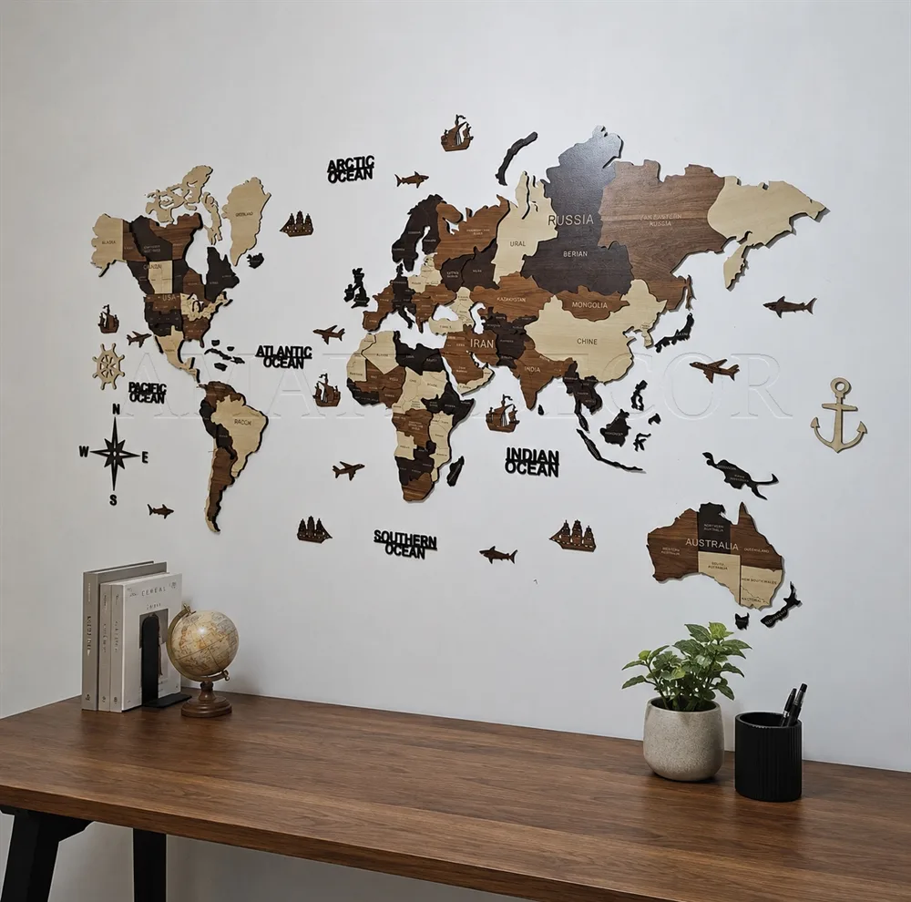دیوارکوب آماتیس طرح نقشه چوبی جهان مدل 150CM